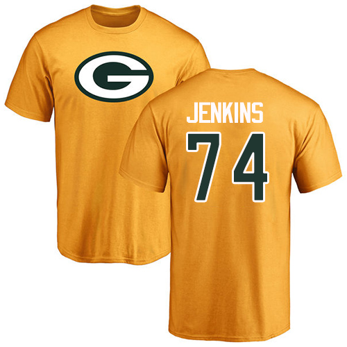 Men Green Bay Packers Gold #74 Jenkins Elgton Name And Number Logo Nike NFL T Shirt->nfl t-shirts->Sports Accessory